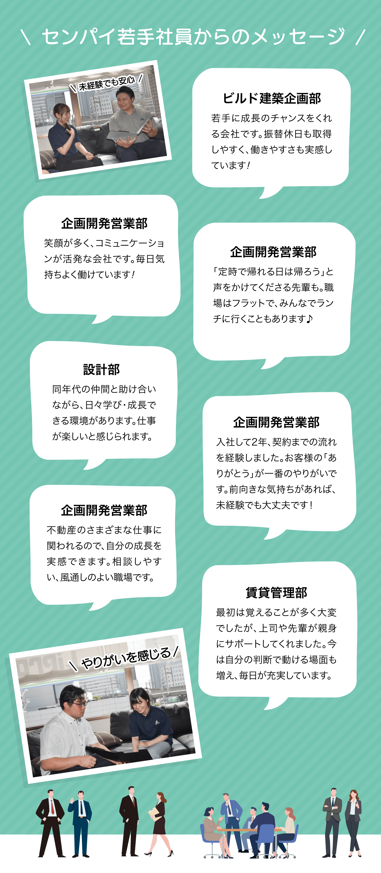 ビルド建築企画部 若手に成長のチャンスを送れる会社です。振り替え休日も取得しやすく、働きやすさも実感しています! 企画開発営業部 定時で帰れる日は帰ろうと声をかけてくださる先輩も。職場はフラットで、みんなでランチに行くこともあります♪ 企画開発営業部　笑顔が多く、コミニケーションが活発な会社です。毎日気持ちよく働けています！　設計部　同年代の仲間と助け合いながら、日々学び・ 成長できる環境があります。仕事が楽しいと感じられます。　企画開発営業部　入社して2年、予約までの流れを経験しました。 お客様のありがとうが1番のやりがいです。前向きな気持ちがあれば、未経験でも大丈夫です！　企画開発営業部　不動産の様々な仕事に関われるので、自分の成長を実感できます。相談しやすい、風通しの良い環境です。　賃貸管理部　最初は覚えることが多く大変でしたが、上司や先輩が親身にサポートしてくれました。今は自分の判断で動ける場面も増え、毎日が充実しています。